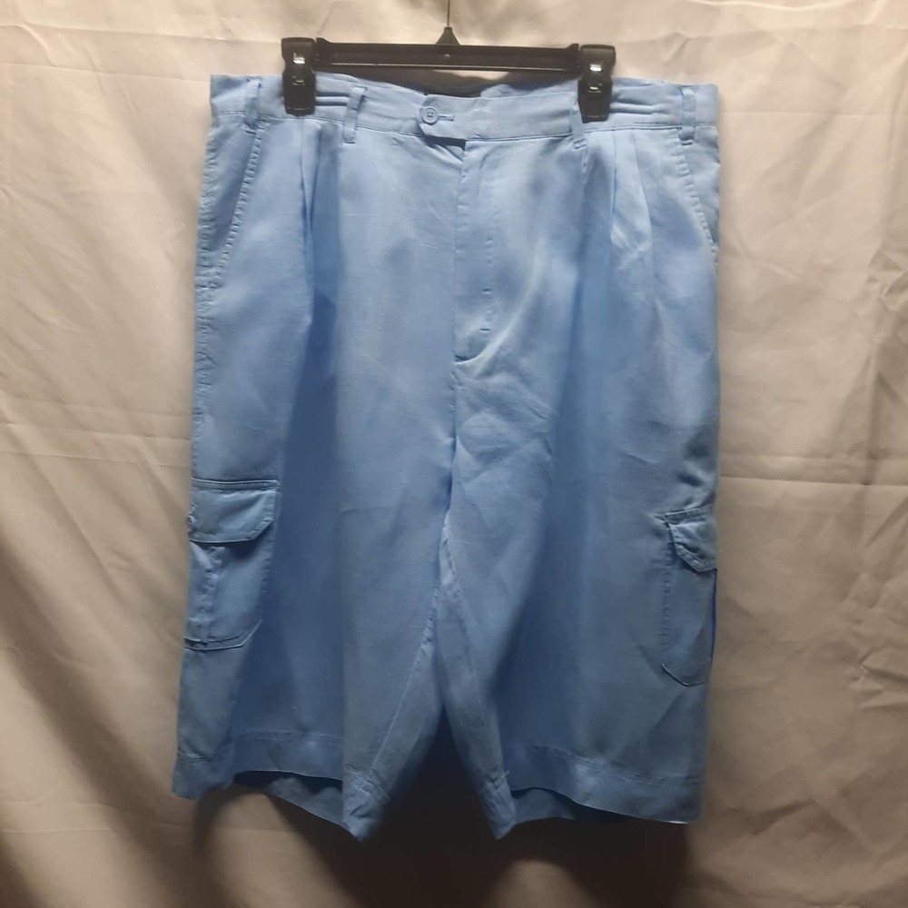 Ashro Jeshina 100% Linen Lt. Blue Capri 2 Cargo, front, back Pocket Pants 36" W